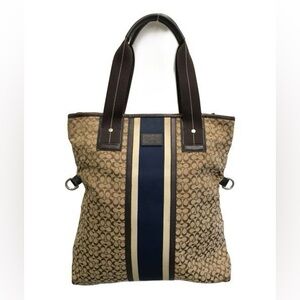 Coach Navy and Beige Striped Tote